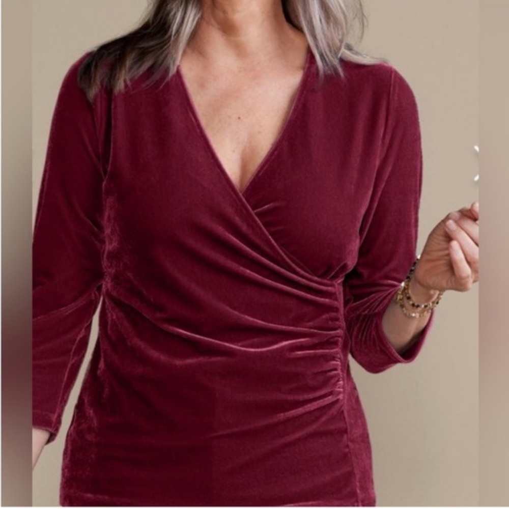 Soft Surroundings Velvet Alyssa Knit Top purple plum large velour glam quiet lux